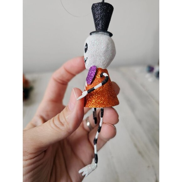 Pier 1 skeleton glitter ornament bow tie top hat Halloween Xmas tree black and w - Picture 3 of 9